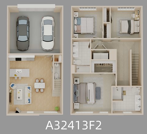 Floor plan for 3 beds, 2.5 baths, 1598 sqft